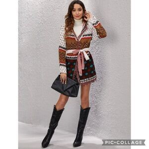 New Cowichan Fringe Knit Cardigan Tribal Western Sweater with Belt Size Medium